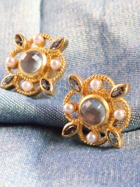 Julie Vos Monaco Stud Earrings - Gold & Charcoal Blue
